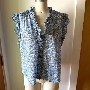ELAN Ruffle Trim Boho Top-Denim Santa Fa Print-Blue & White Floral-100% Ctn-Sz M